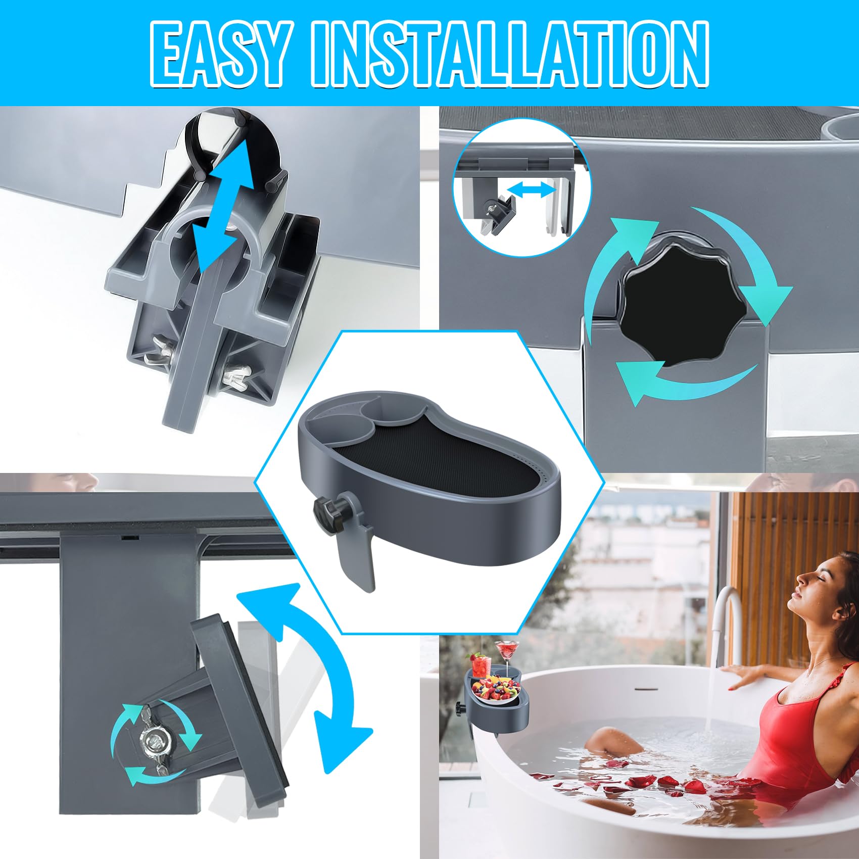 Treerit Adjustable Hot Tub Tray With 2 Cup Holders - Fits Wall Thickness 2" To 7.5", Non-Slip Spa Caddy