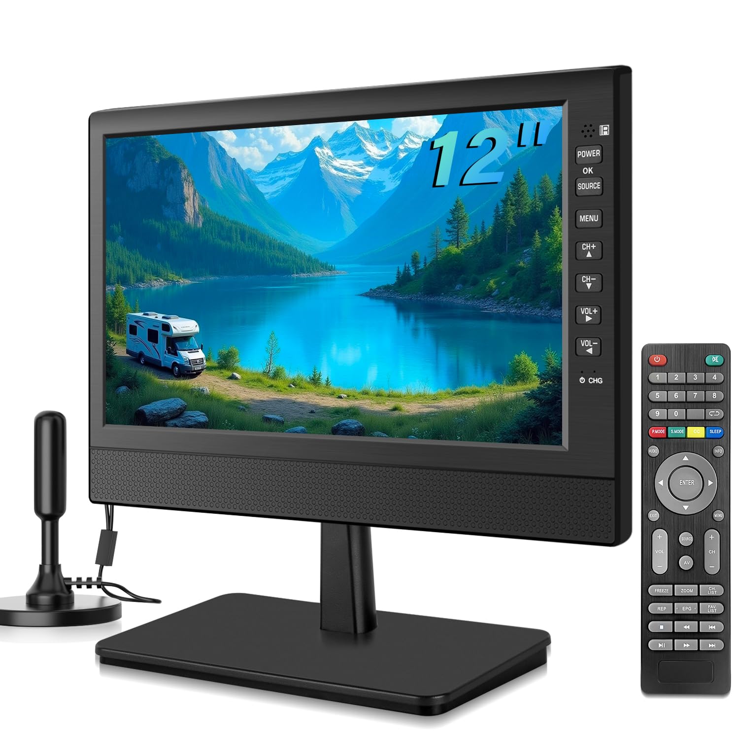 ZOSHING Televisores TV Pequeña de Pantalla de 1080P de 12 Pulgadas con Recepción Freeview y Antena, Dos Puertos de Entrada CA/CC 12 V, HDMI-USB-VGA para Cámper/Monitores/Cocinas