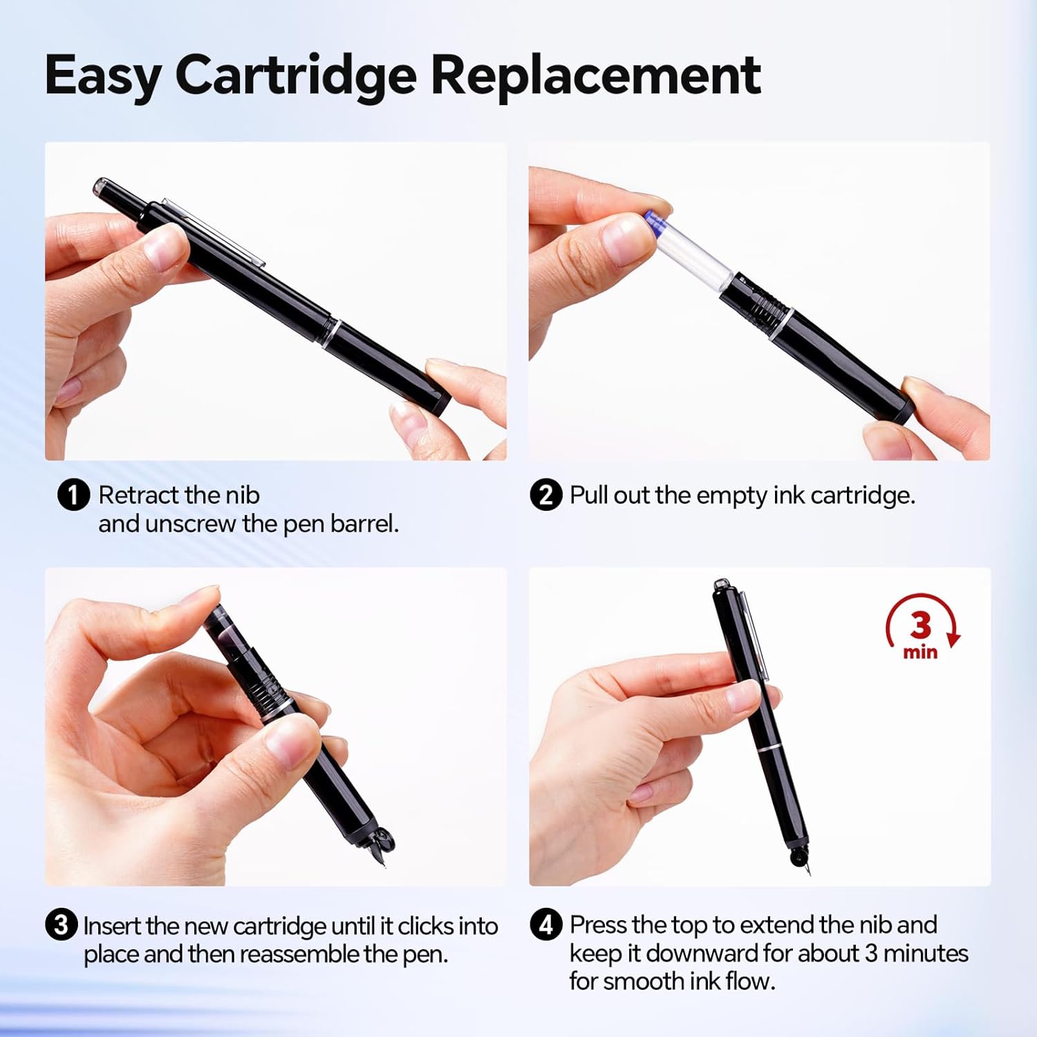 WRITECH Retractable Fountain Pen Set: Fine Nib Black Ink Pens Includes 5 Ink Cartridges Smooth Writing for Sketching Journaling Calligraphy Gift (Black) Black Pen