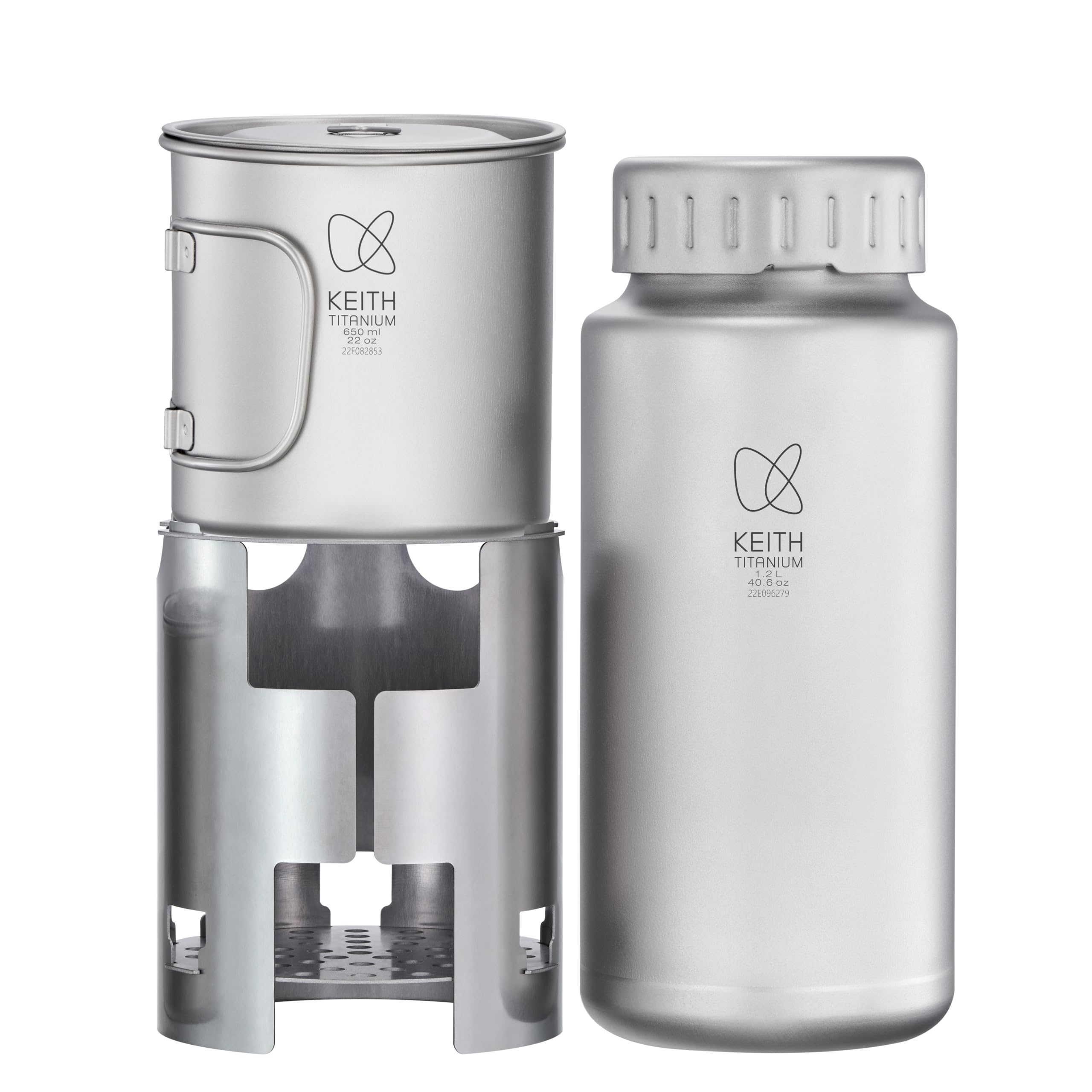 KEITH Ultralight Titanium Camping Pot, Functional Outdoor Cookware, Includes 1200ml Bottle, 650ml Mug and a Versatile Wood-Burning Stove for Camping, Hiking, Picnic, Travel(Ti3070)
