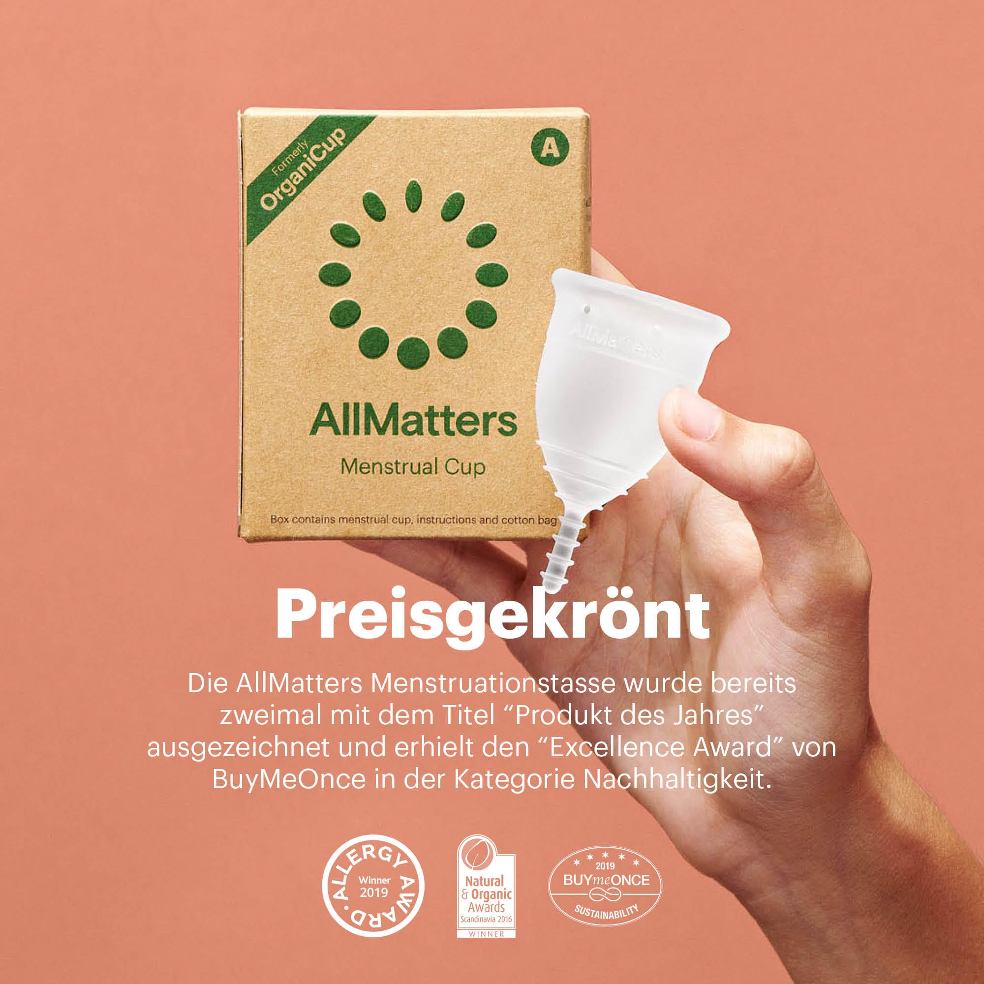 AllMatters Menstruationstasse (ehemals OrganiCup) - Größe A - für Alle, die Noch Nicht Vaginal Entbunden Haben - Weiches und Angenehmes Medizinisches Silikon