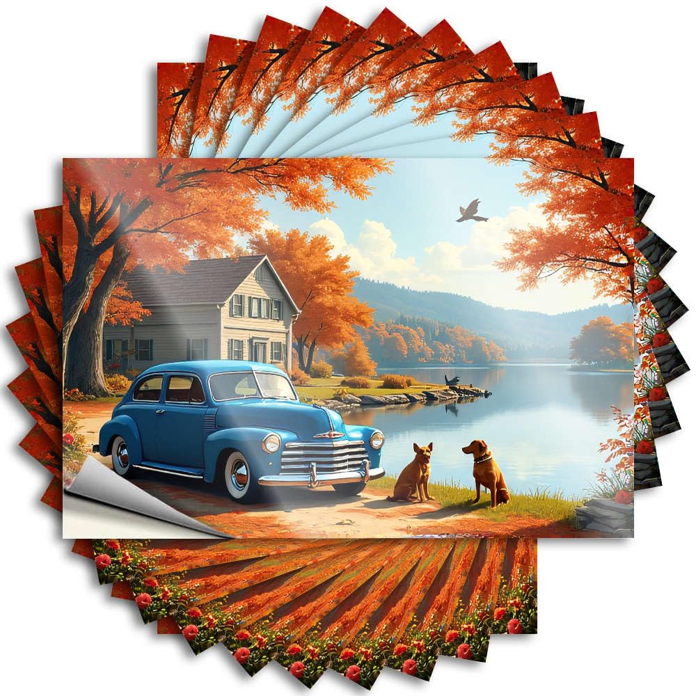 Fzfn Girls Colour Lettering Sticker Coffee, Alcohol Hard Autumn Lake House With Vintage Car. | Tiki Bar Decorations(8X12cm)
