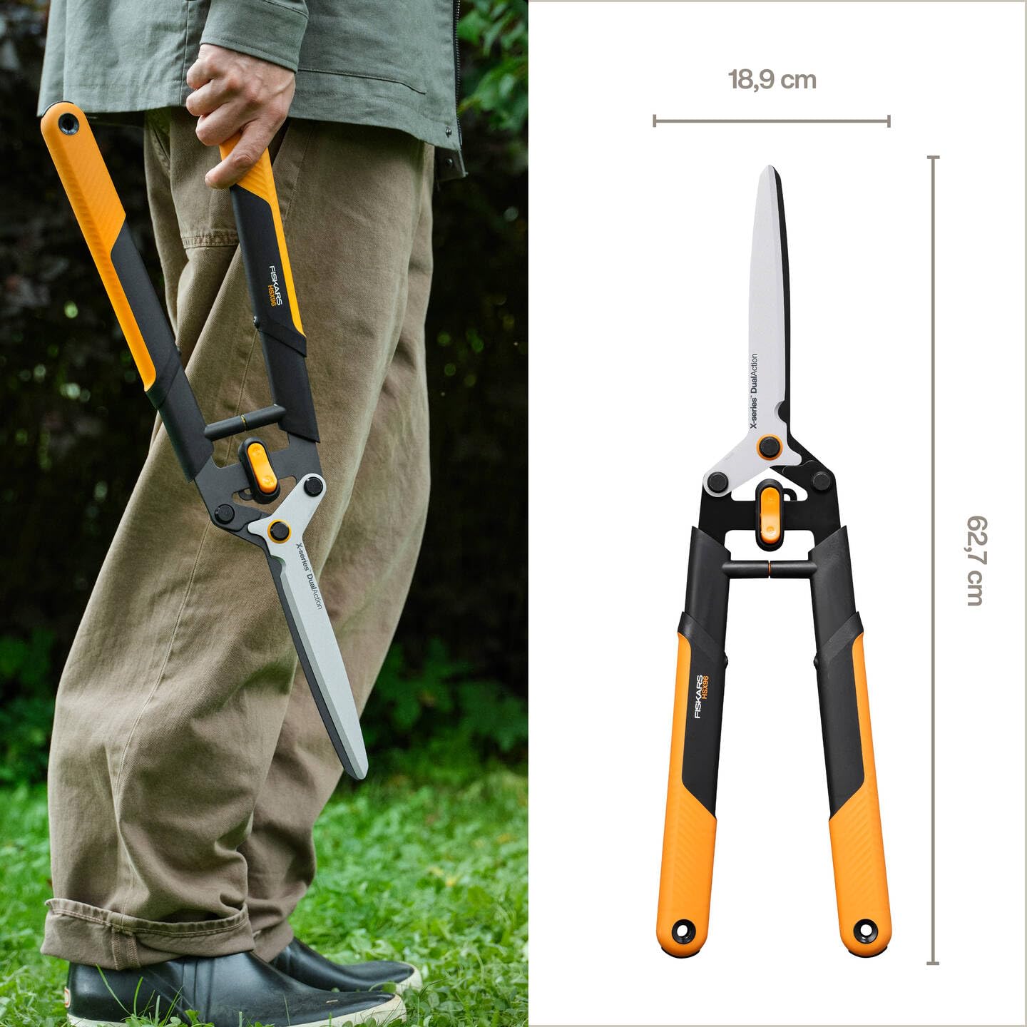 Fiskars X-series DualAction Tijeras cortasetos HSX96, Modo 2en1 para cortes rápidos o potentes, Cuchillas de acero con revestimiento antiadherente/Mangos FiberComp, Negro/Naranja, 1080134