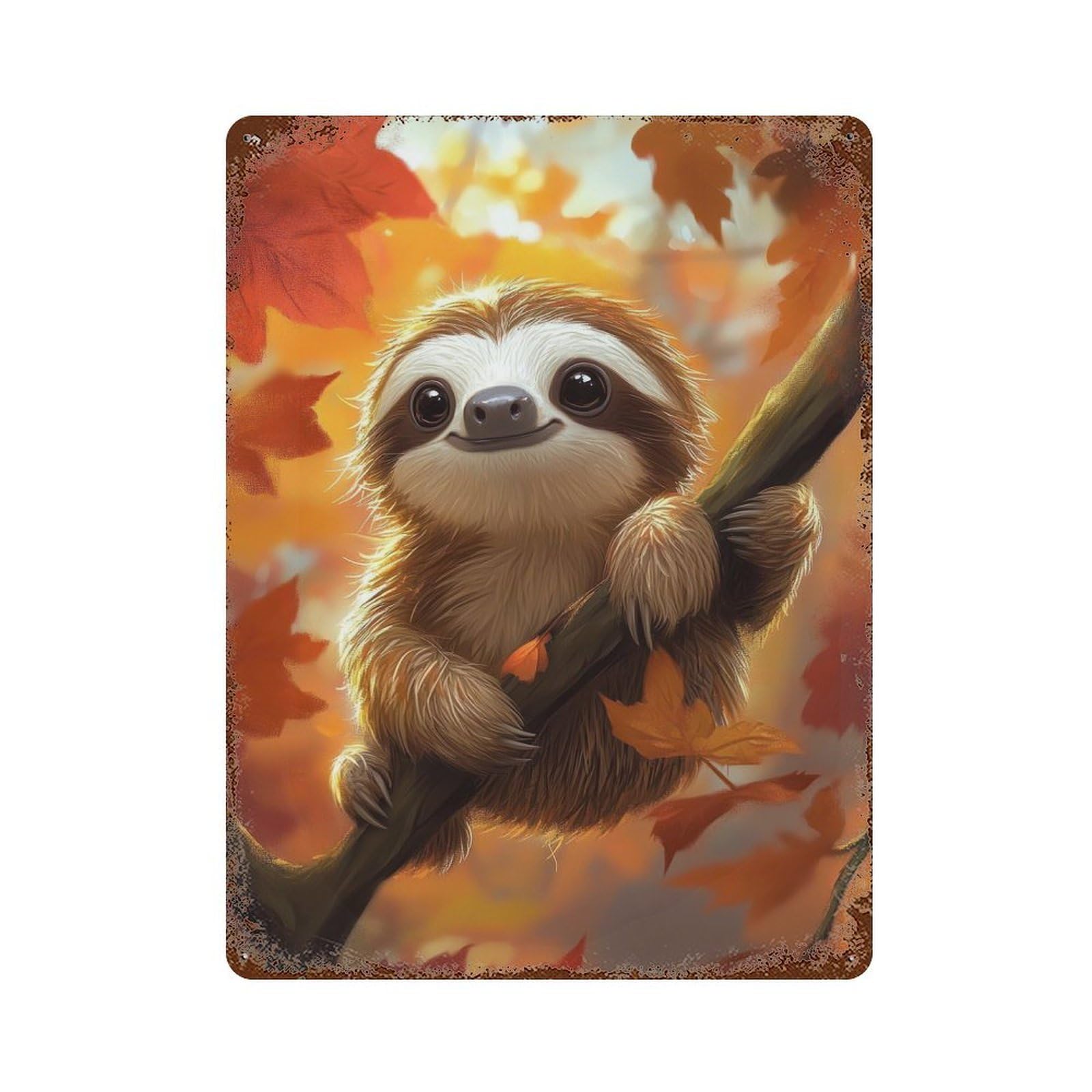 Aged Metal Wall Plaque with Cute Sloth in Autumn Design 15.7"x11.8", for Basement, Hobby Room And Garage Decor, Farmhouse Wall Decor
