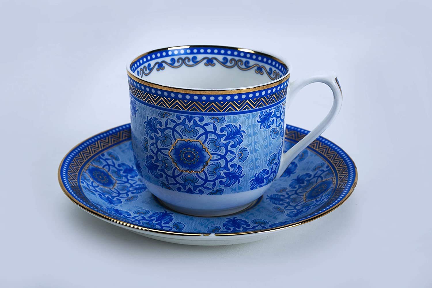 Vikas Khanna By Celeste Moksha Hand Craft 24K Gold Plated Ceramic Cup & Saucer Set of 6 Turquoise Blue