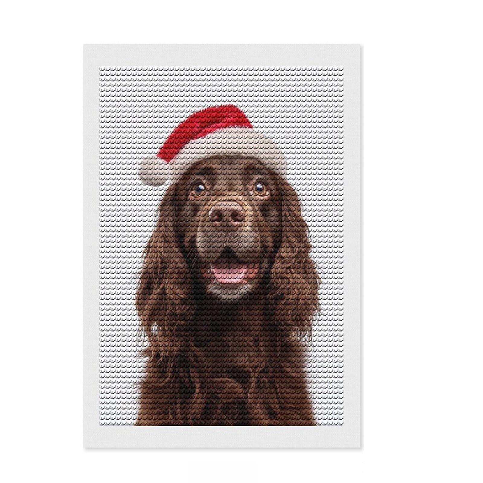 Junmoney Sussex Spaniel Dog with Santa Hat Full Drill Diamond Painting Kit 8"x12", for Adults, Pleasing Wall Art Project, Bedroom Decor, Festive Craft Gift