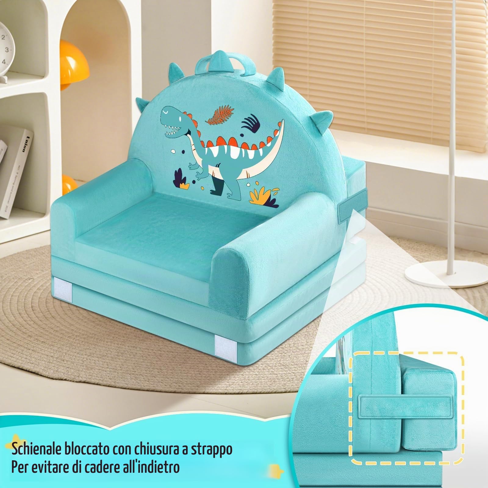 Divano per bambini dinosauro, sedia pieghevole 2 in 1, 150cm morbido divano in velluto cristallo per bambini piccoli per camera da letto, soggiorno