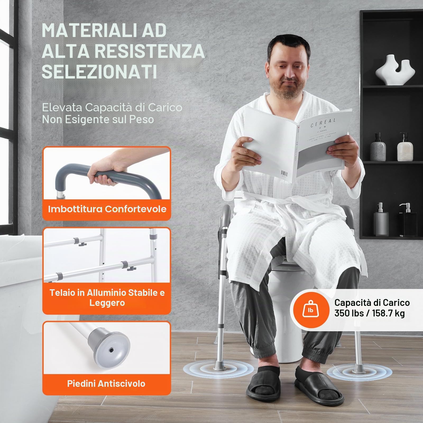 VEVOR Sedile WC Rialzato, Altezza Regolabile tra 49,9 a 64,9 cm, Portata max. 158 kg, Telaio in Alluminio Imbottito, Sedile WC Rialzato Universale, per Anziani, Disabili, Incinte, Ausilio da Bagno