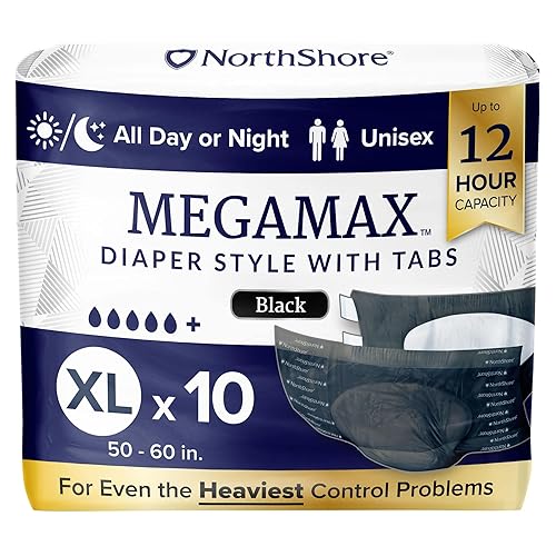 NorthShore MegaMax Adult Overnight Diapers, 12-Hour Tab-Style, X-Large, 10 Count Bag, Black, 50-60 inches, Unisex Incontinence Underwear - Black - X-Large (10 Count)