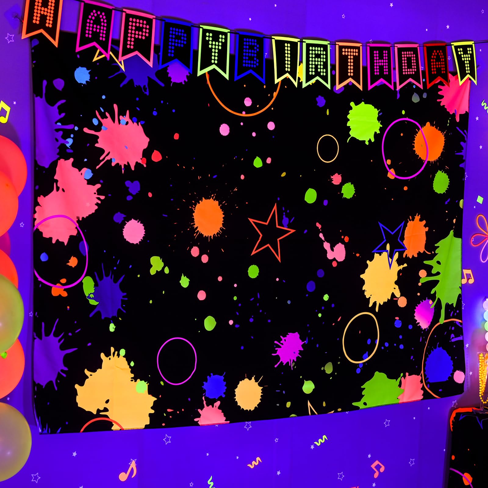 Mega-L Neon Party Decorations, 7x5 Feet Glow in The Dark Party Supplies, Let’s Glow Photography Background Birthday Sleepover Graffiti Splash Paint