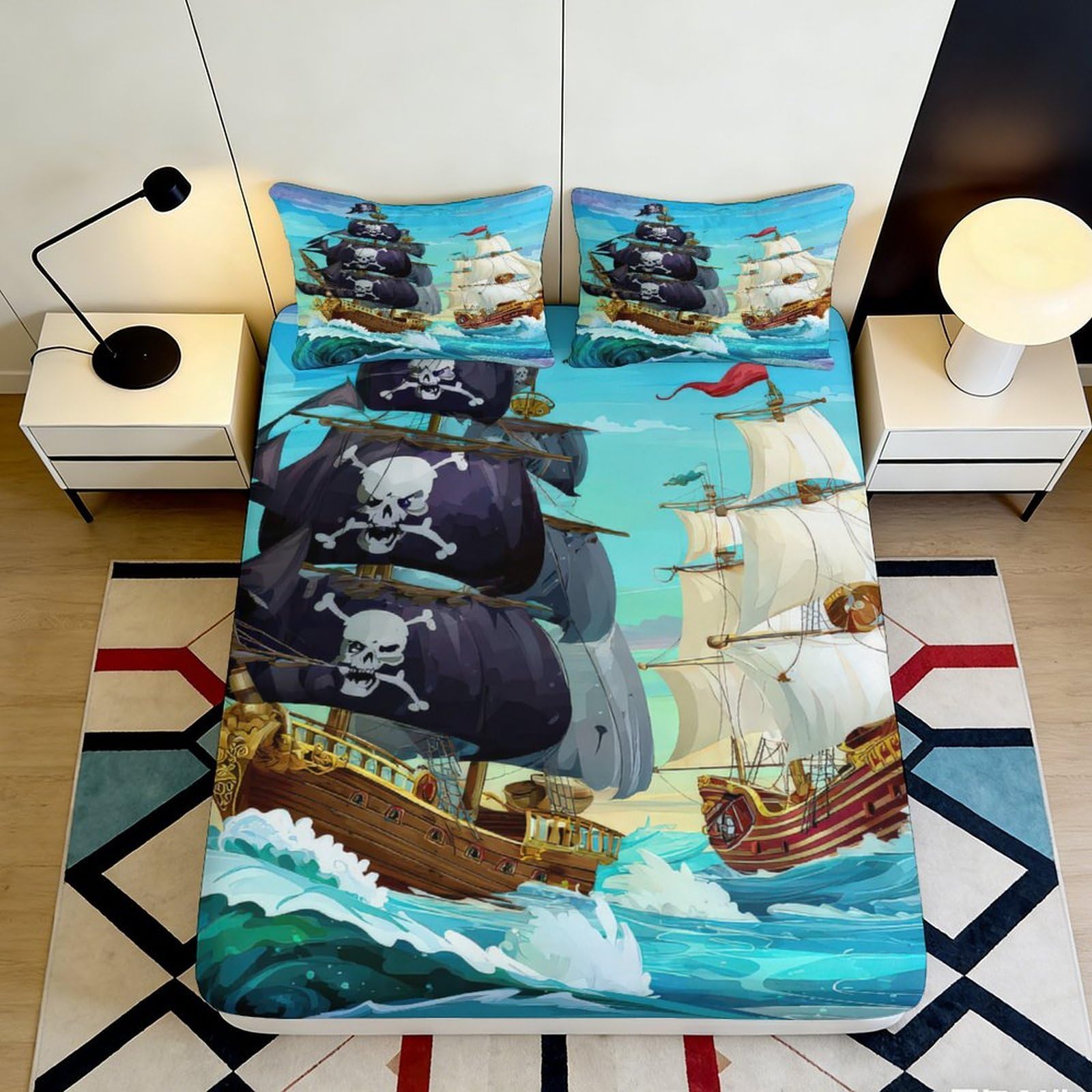 3D Printed Pirate Ship Ocean Fitted Sheet Microfiber Soft Mattress Cover for Bedroom Dorm Decor, Easy Care, Anti-Slip, 120x200cm 180x200x25cm