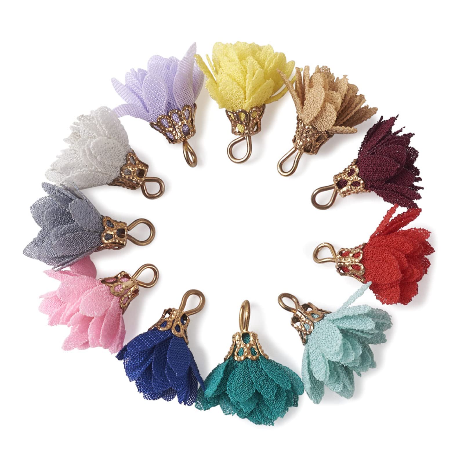 Beadthoven 100-piece Mixed Color Flower Pendants with Iron Finding Caps Cloth Tassel Charms for Jewelry Making Bails Bead Dangle Accessories