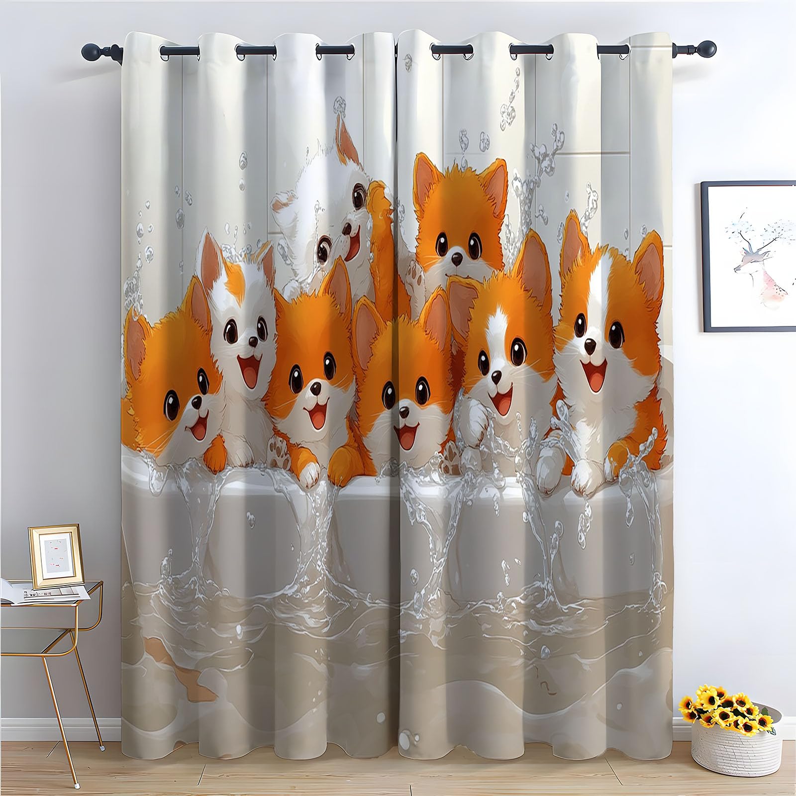 TERUEA Floral Blackout Curtains for Living Room Bedroom Orange white fluffy kittens splashing water bathtub Curtains Mildew Resistant,-52" W x 84" L (Pack of 2)