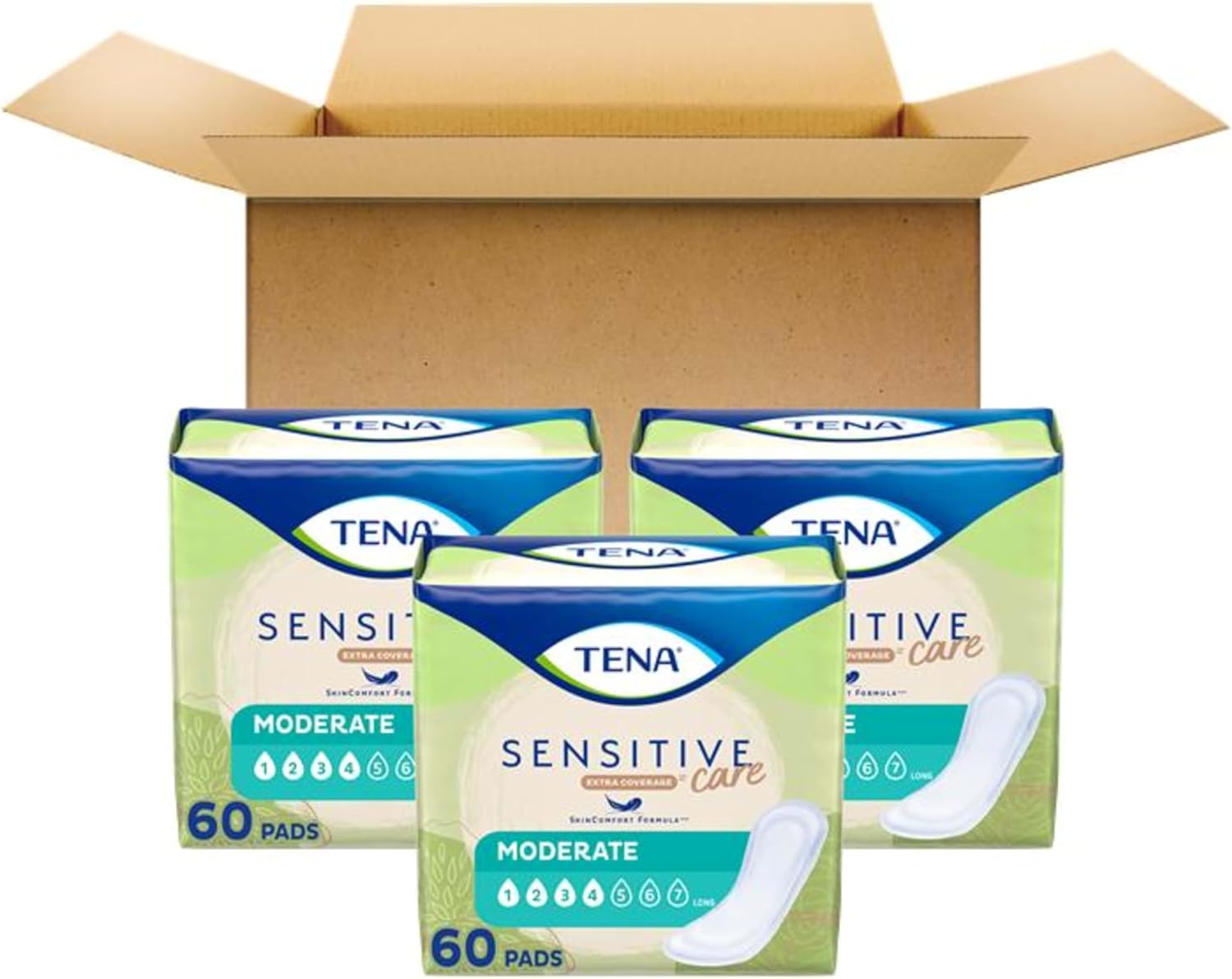 tena sensitive care extra coverage moderate absorbency incontinence bladder control pad, 180 count regular 180