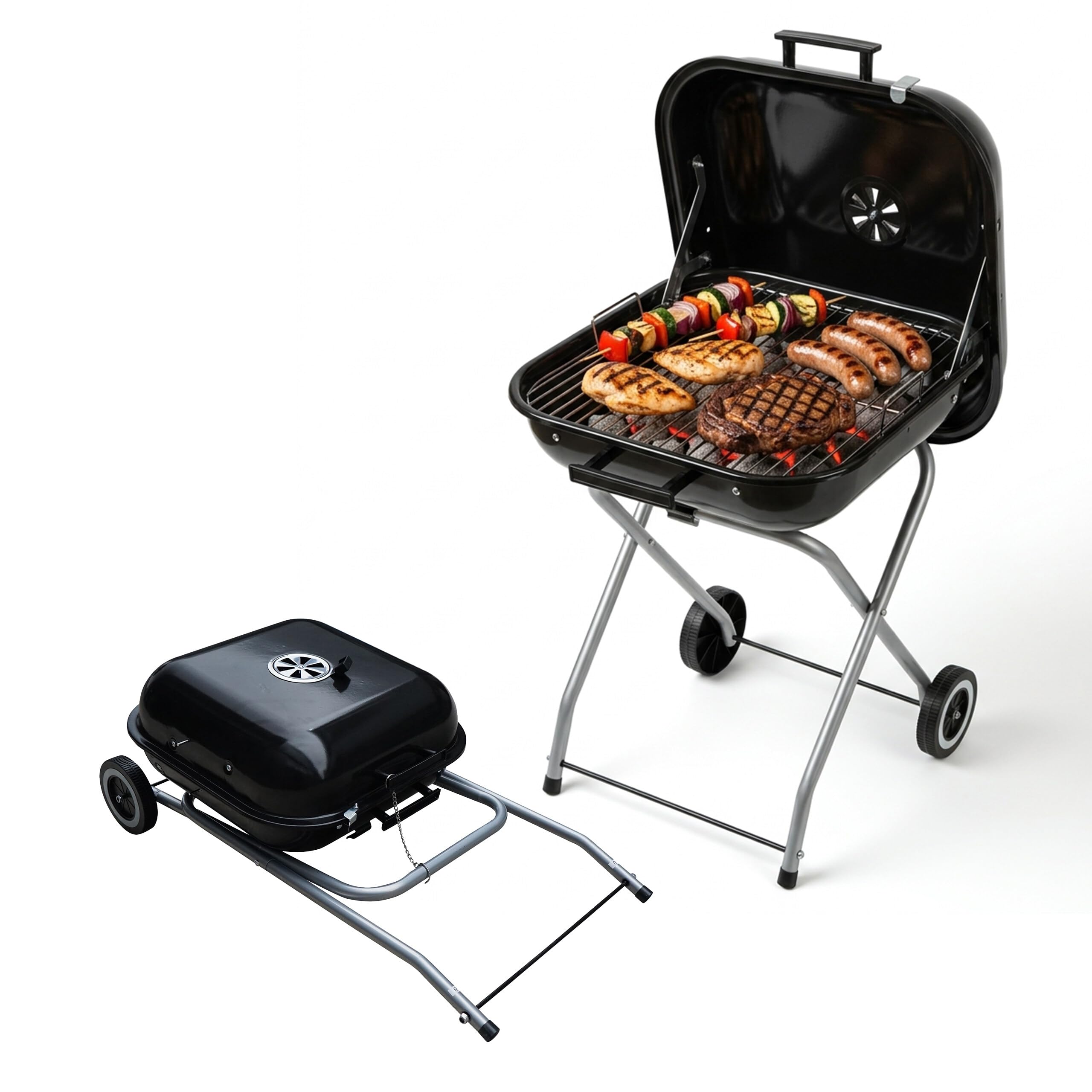 Relaxdays Parrilla portátil de carbón con tapa y ruedas, negra | Plegable para camping, balcón, jardín y parque, de pie