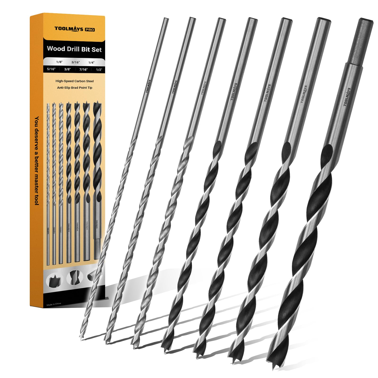 Extra Long 9.05" Brad Point Wood Drill Bit Set Metric - 7 Pack Carpenters Quality - Drill Splinter-Free Perfectly Round Holes in All Types of Wood (1/8",3/16",1/4", 5/16",3/8",7/16",1/2")