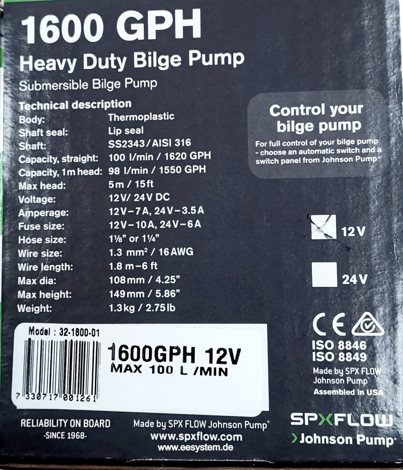 SPX FLOW L1600 Lenzpumpe 12V Johnson Pumpe 98 l/min Heavy Duty Bildge-Pumpe, Bootspumpe, Schiffspumpe, Yachtpumpe