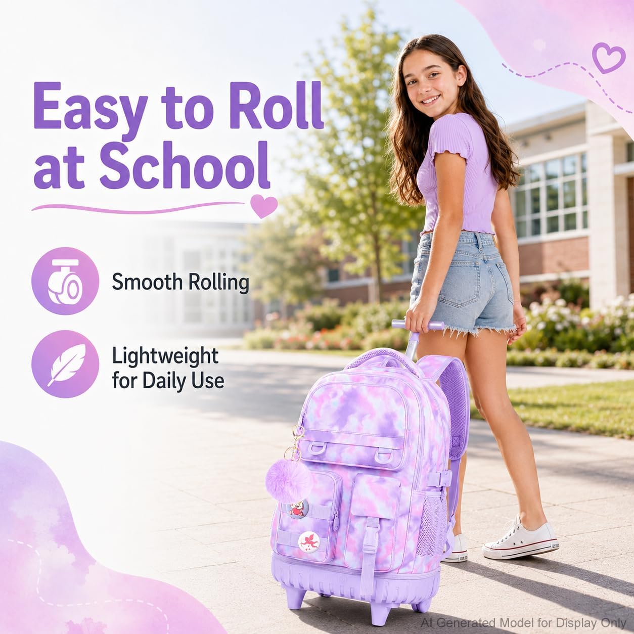 WZLVO 3PCS Backpack with Wheels, Water Resistance Girls Rolling Bookbag, Women Aesthetic Roller School Bag Set with Lunch Box & Pencil Bag for Teens & Kids - Purple Tie Dye Cloud image 2