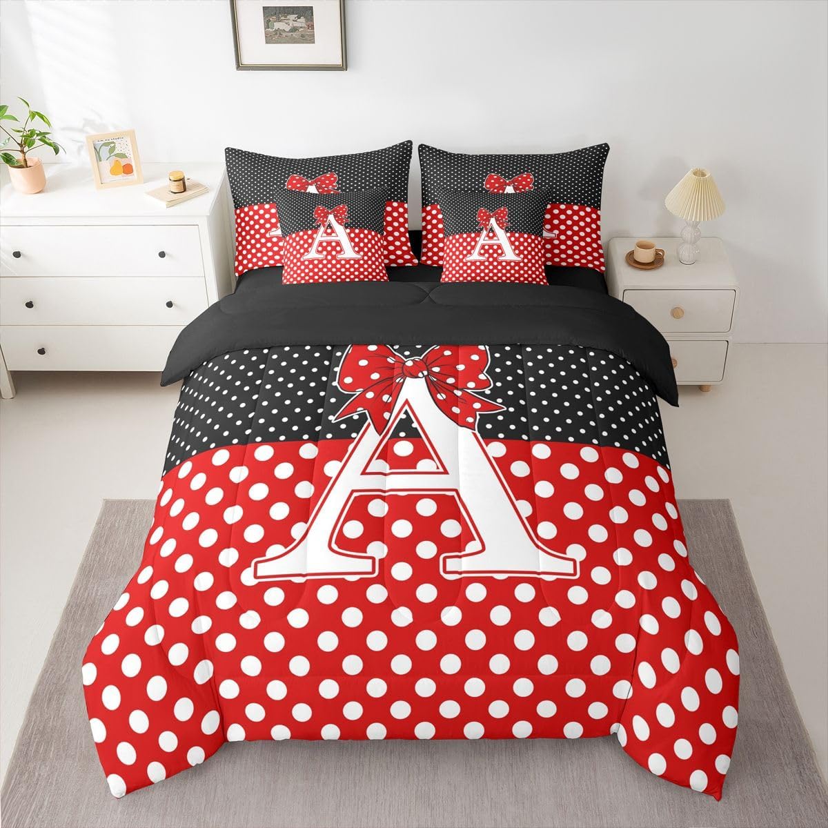Feelyou Cute Bow Comforter Set with Sheets 7 Piece Twin Size Kawaii Bowknot Bedding Set Princess Bowknot Bed in a Bag Dots Print Room Decor Personalized Initial A Soft Lightweight Microfiber
