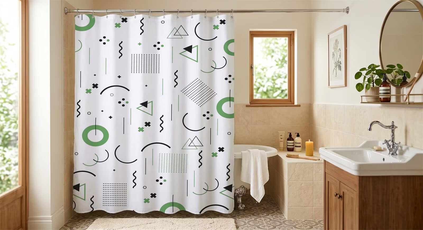 Yoonqun Geometry Shower Curtain 200 x 200 cm Waterproof Anti-Mould Bathroom curtain with 12 Hooks,Washable Quick-Drying Curtains for Wet Room
