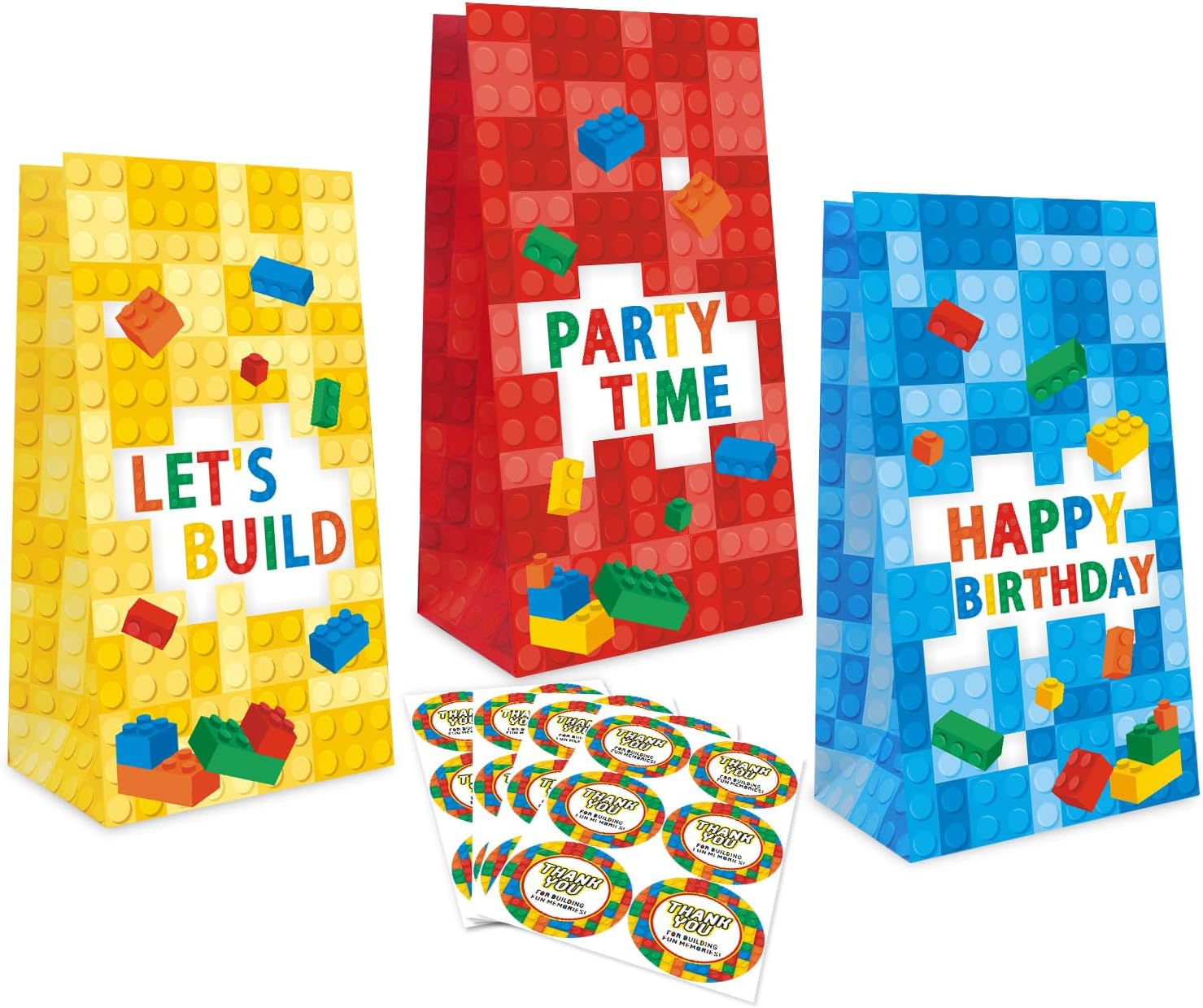 24 Pcs Building Block Goodie Treat Bags Party Favor Birthday Goodie Gift Treat Bags with Stickers Colorful Building Block Theme Gift Birthday Party Decoration Supplies