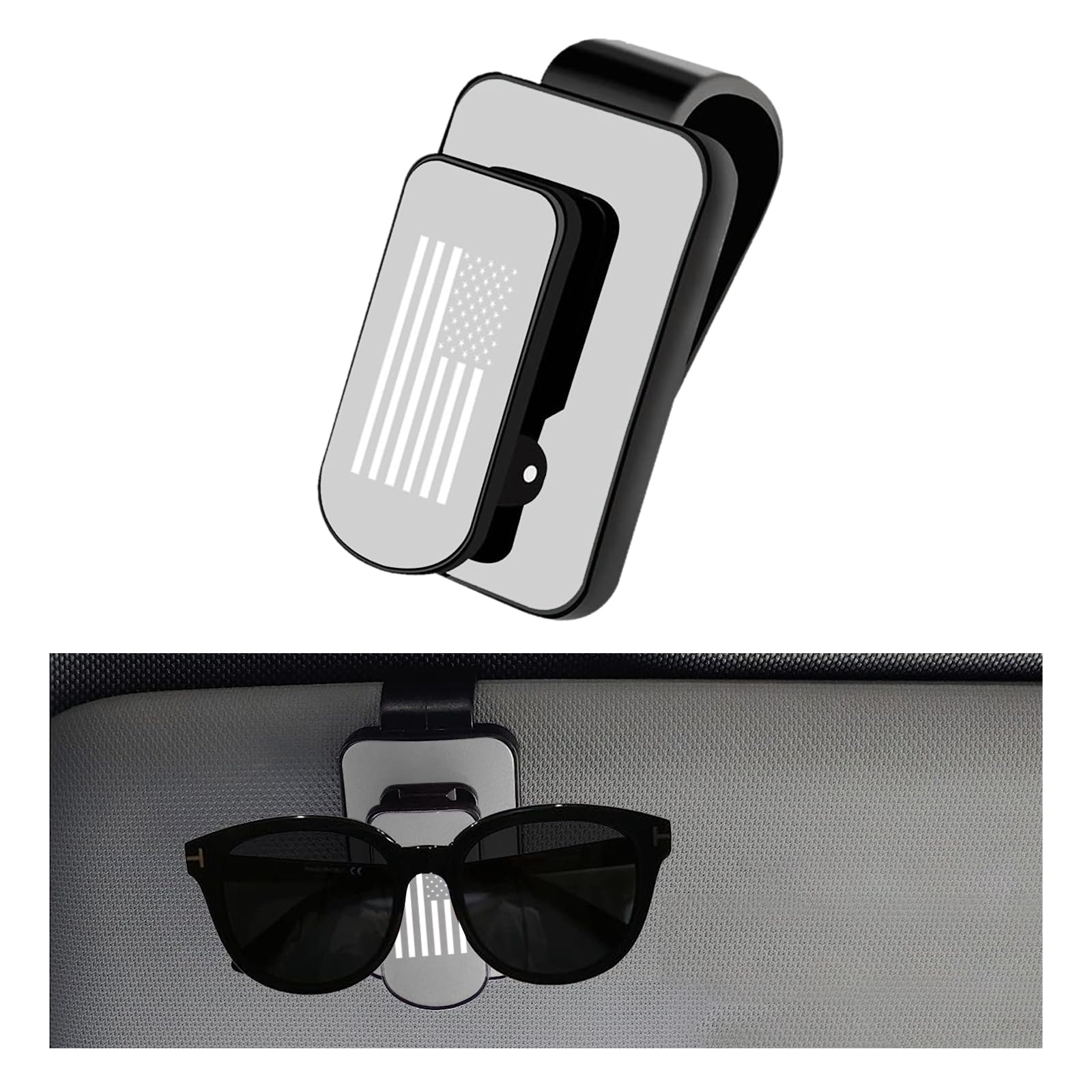 Kewucn Sunglass Holder for Car Visor, Metal US Flag Eyeglasses Hanger Mount, Multi-Function Ticket Card Clip, Vehicle Organizer Accessories for Different Size Eyeglasses (Black+Silver, Flag)