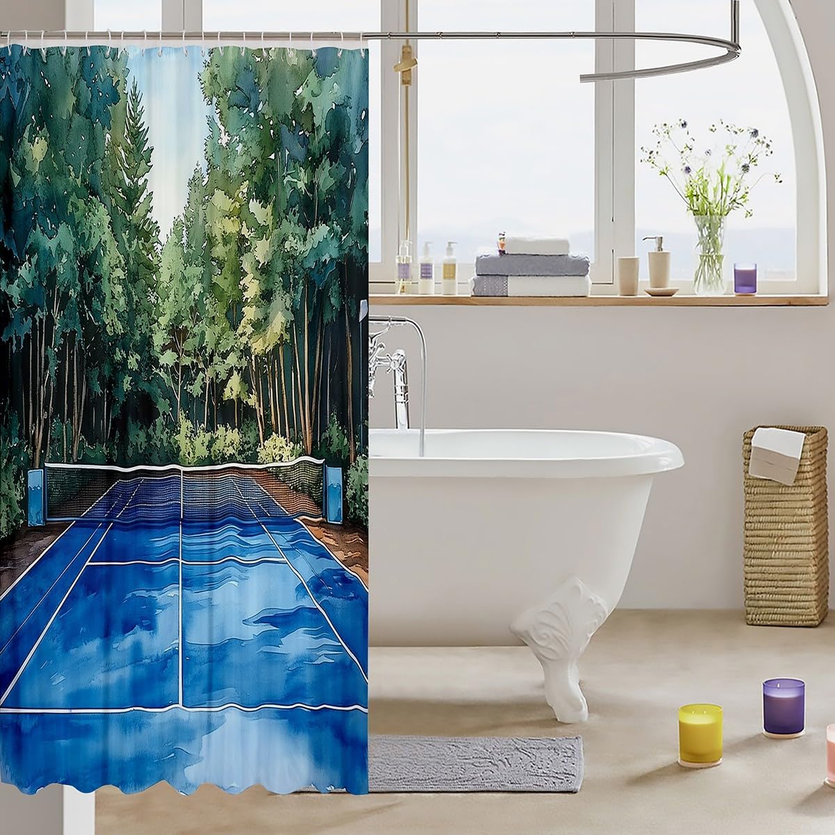 Castle Fairy Tennis Court Bath Curtain,Watercolor Oil Painting Tennis Table Bathroom Shower Curtain for Kids Boys,Outdoor Sport Botanical Trees Waterproof Fabric with Hooks for Stalls,72Wx72L inch image 3