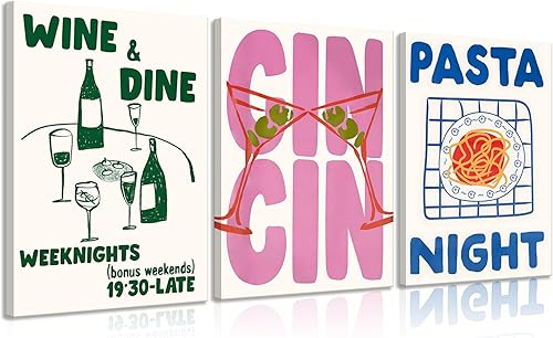 Funky Kitchen - Lienzo decorativo para pared, diseño de Cin Cin Cheers, retro, vino, pasta, comida nocturna, decoración de pared, fotos, carrito de