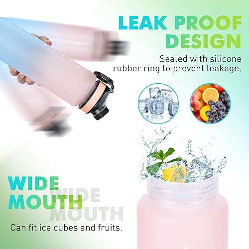 Miniatura 3 de Botella de agua de 34 onzas, botella de bebida motivacional con marcador de tiempo, botella de bebida a prueba de fugas, sin BPA, no tóxica para