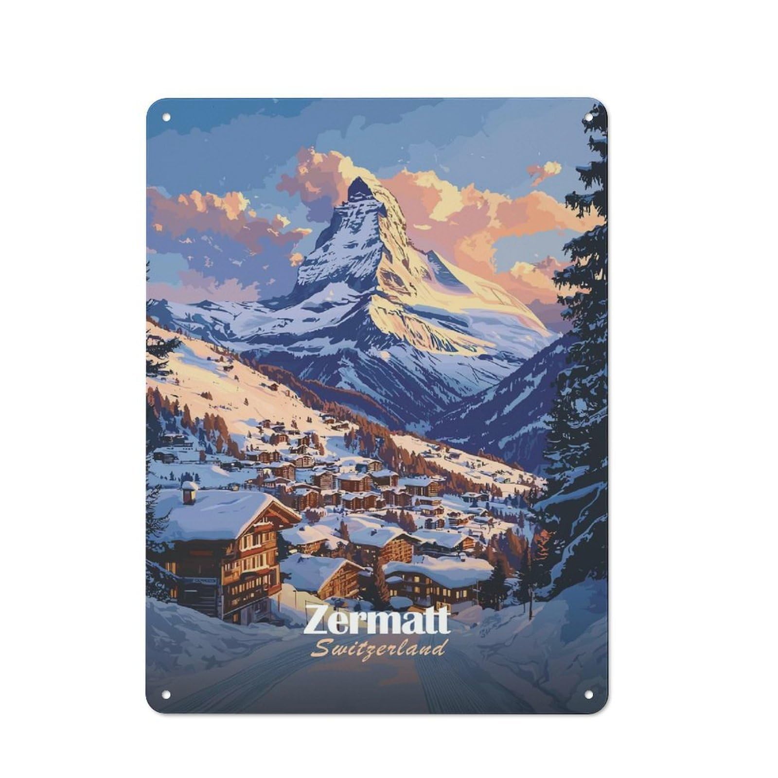 Junmoney Style-10 Zermatt Switzerland Mountain View Metal Wall Plaque 40X30cm, Character Room Wall Plaque For Hallway, Home Bar, Garage Or Study