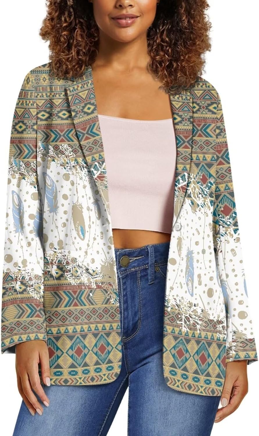 Southwest Ethnic Aztec Geometric Casual Hawaiian Blazers Women's Lapel One Button Blazers Vacation Outfits