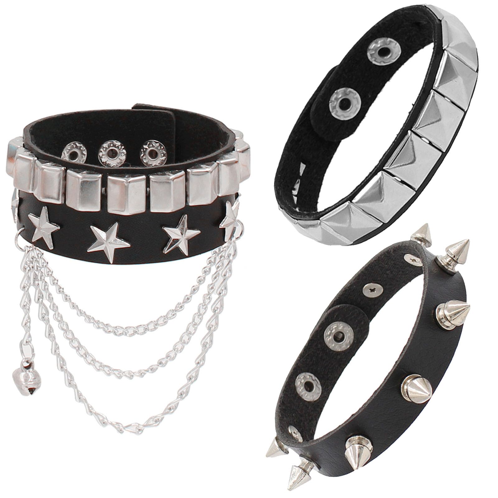 ARROMI 3 PCS Studded Bracelet, Emo Bracelet, Spiked Bracelets, Rock Studded Bracelet Spiked Leather Cuff Bracelet for Men Women 80s Wristband Adjustable Wrap Wrist Cuffs for Halloween Party