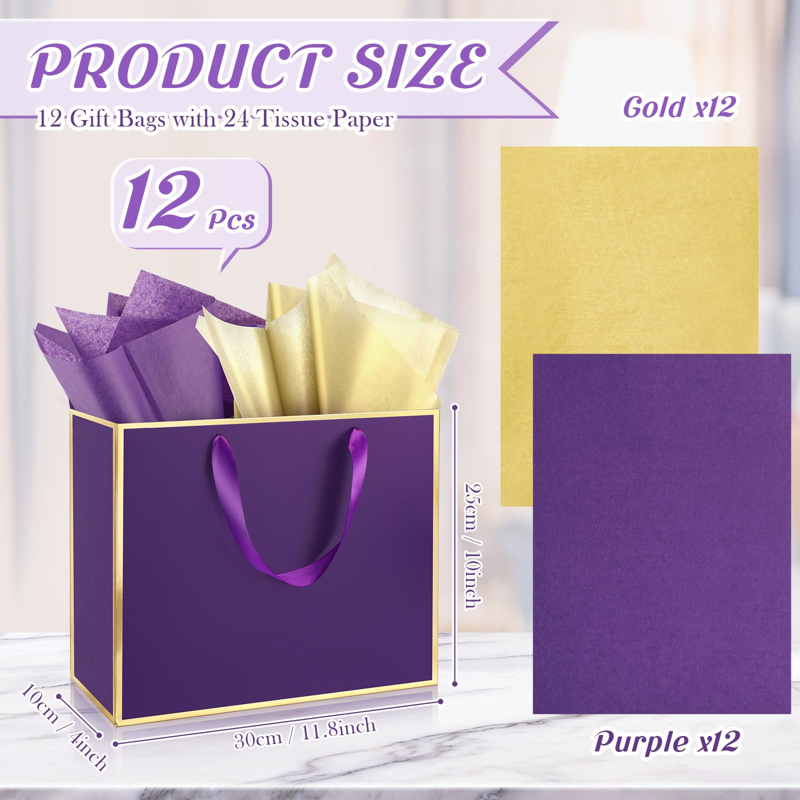 ReliThick 12 Pack Metallic Paper Gift Bag with Handles and Tissue Paper 11.8 x 10 x 4'' Thank You Favor Bag for Graduation Mother's Day Wedding Bridesmaid Groomsman 5 Senses Gifts (Dark Purple,Gold)