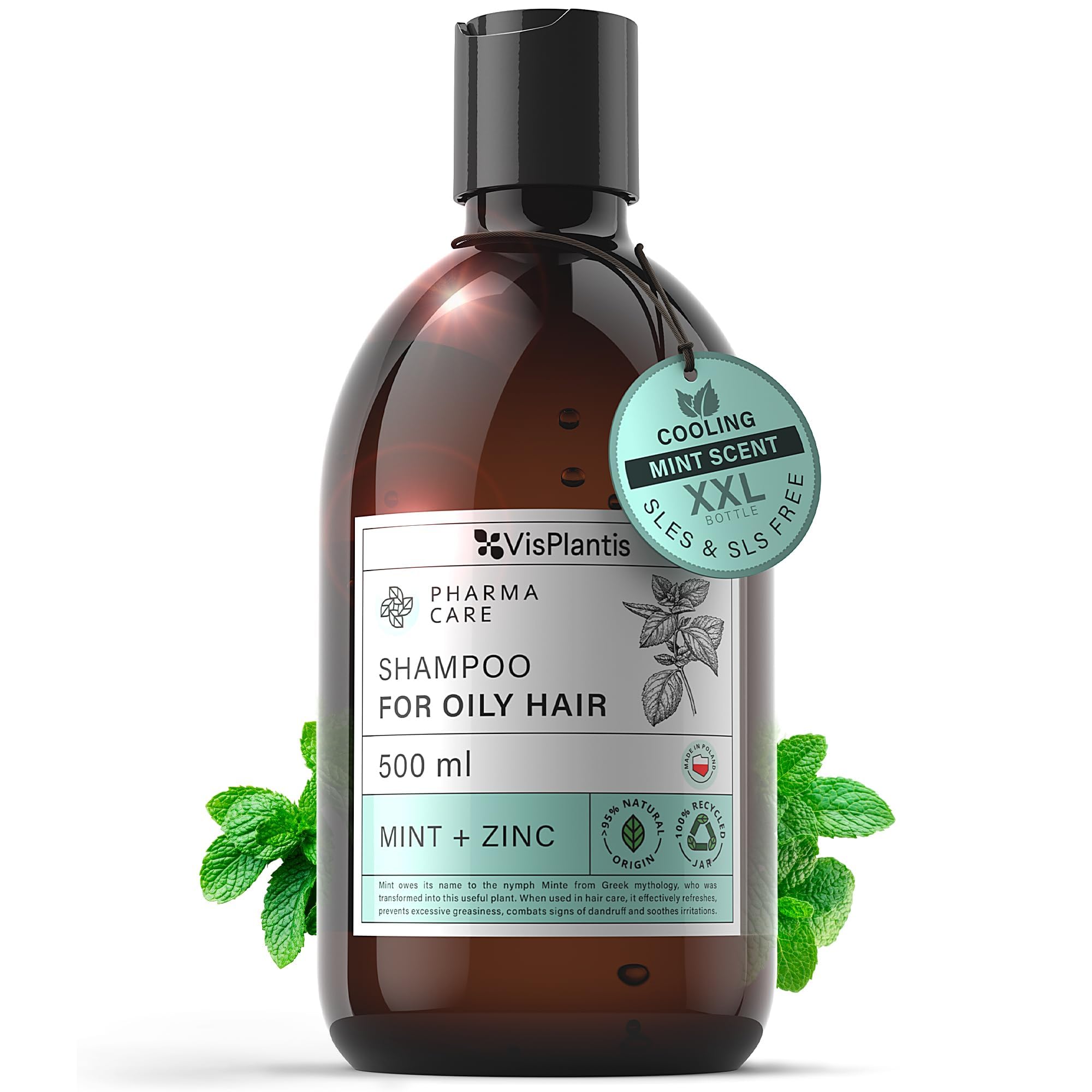Vis Plantis Mint Shampoo for Oily Hair and Scalp with Zinc - Reduces Dandruff & Controls Sebum - 500ml Natural Shampoo for Greasy Hair and Roots - Silicone & Sulphate Free Itchy Scalp Treatment