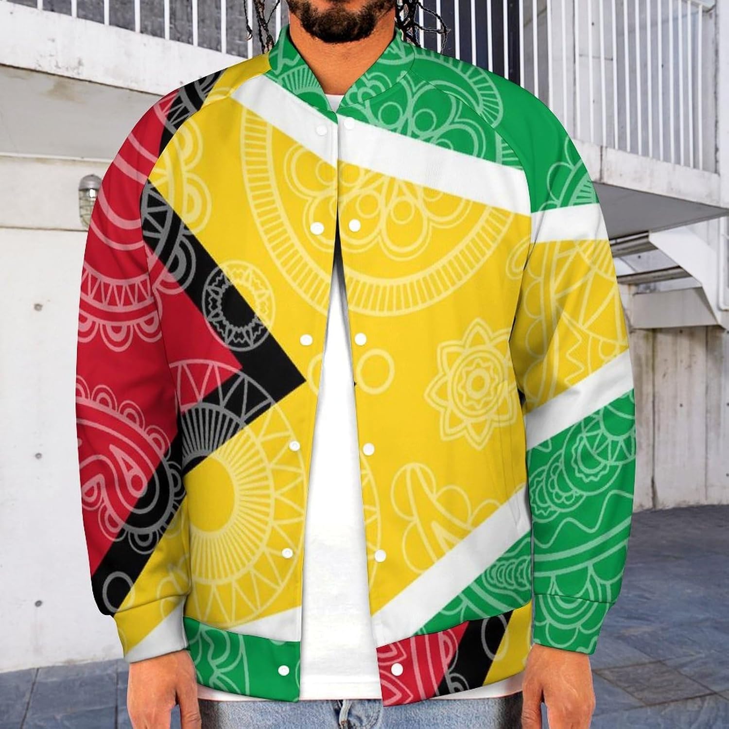 Guyana Flag Paisley Pattern Novelty Men's Baseball Jackets Causal Sweatshirt Button Top Long Sleeve Coat