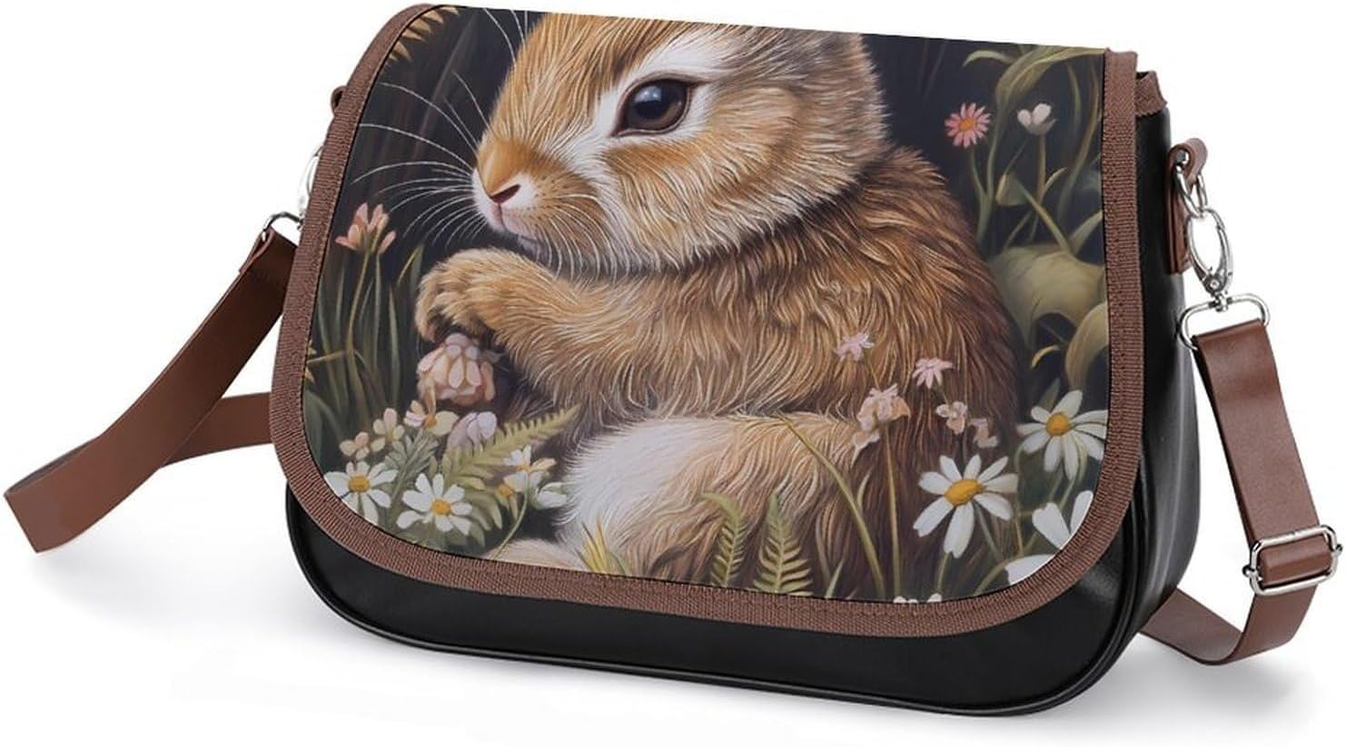 Bunny Rabbits Grass Wildflowers Women Crossbody Purse Leather Messenger Bag Handbags Shoulder Strap Bags