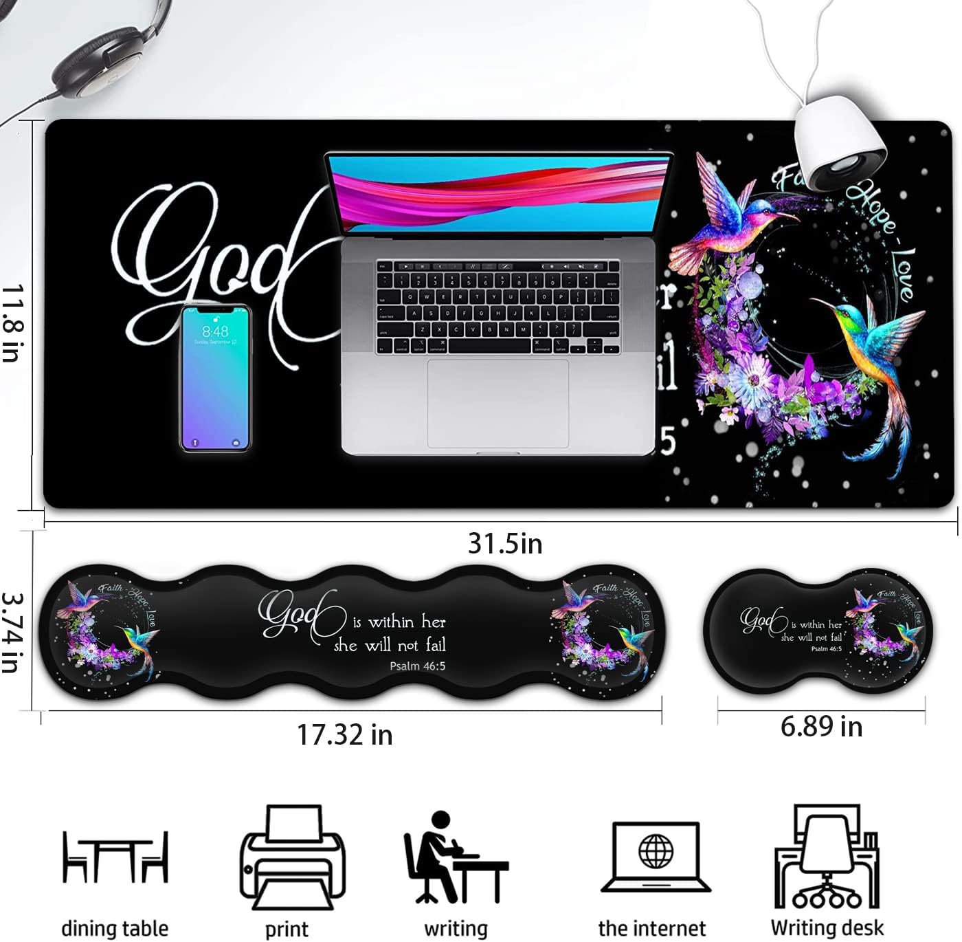 Large Gaming Mouse Pad,Extended Office Desk Mat,Waterproof Desk Writing Pad for Office/Home Ergonomic Mouse &Keyboard Wrist Rest, Love Hummingbird Laptop Desk Pad Black Mousepad Wrist Support