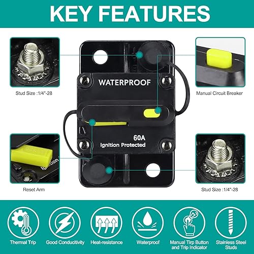 Miniatura 3 de Disyuntor de 60 amperios, con reinicio manual, 12 V-48 V CC, para motores de arrastre marinos, barco, ATV, protección de potencia manual y