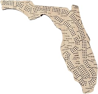 Cribbage Board Game Set, Florida Shaped, Wooden Board with Metal Pegs, 3 Track Board, Made in Michigan USA