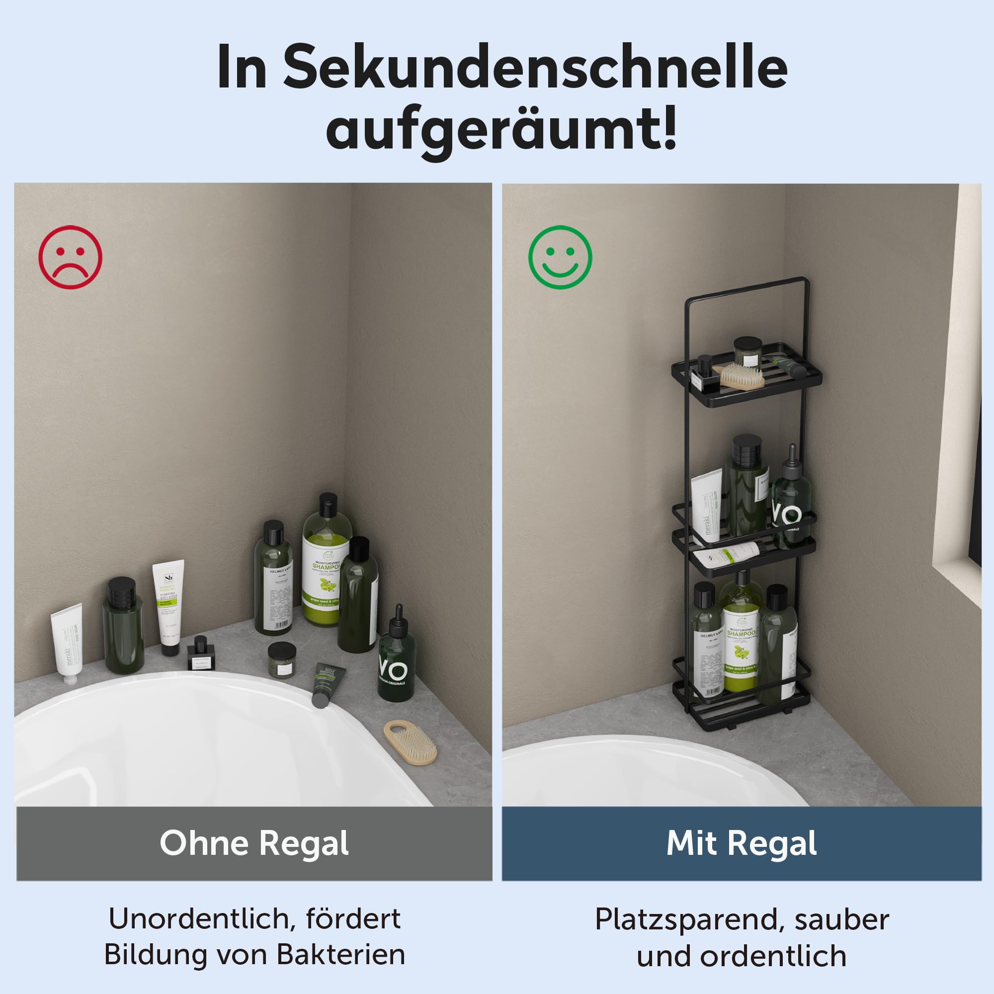 doporro Duschregal stehend, Badregal schmal aus Metall, 3 Ebenen Badezimmerregal freistehend, Duschablage ohne Bohren für Bad, Dusche und WC, Schwarz, Reglo-02