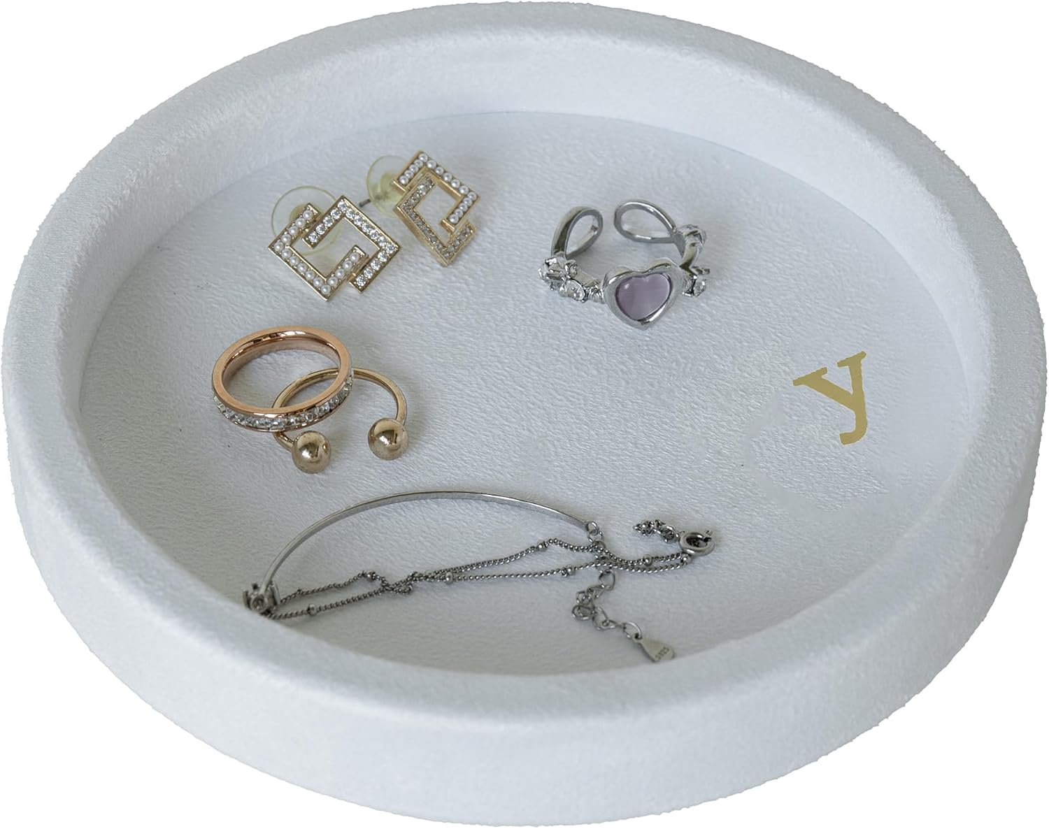 COLLECTIVE HOME - Velvet Jewelry Tray, 6" Monogrammed Jewelry Dish, Smooth Velour Display Dish for Rings, Earrings, Necklaces, Makeup, Personalized Gifts for Women (White-j)