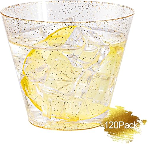 Miniatura 8 de Nervure 120 vasos de plástico con purpurina dorada, vasos de plástico resistentes de 9 onzas, vasos desechables dorados para bodas, Acción de