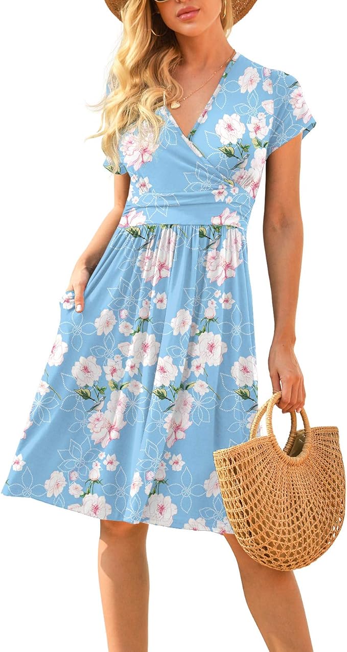 LILBETTER Women's Summer Casual Short Sleeve V-Neck Short Party Dress with Pockets