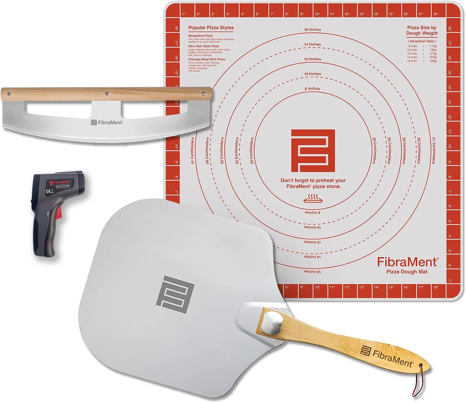 FibraMent® Ultimate Pizza Accessories Bundle – Pizza Peel, Rocker Cutter, Infrared Thermometer & Pizza Dough Mat – Complete Pizza Making Kit for Home Ovens, Outdoor Pizza Ovens & Pizza Stones