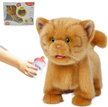 CU-MATE Electronic Stuffed Walking Cats, Realistic Interactive Pet Toy Cat, Walking, Barking, Wagging Tail & Talking, Present Gifts for 3+ Year Orange Cat