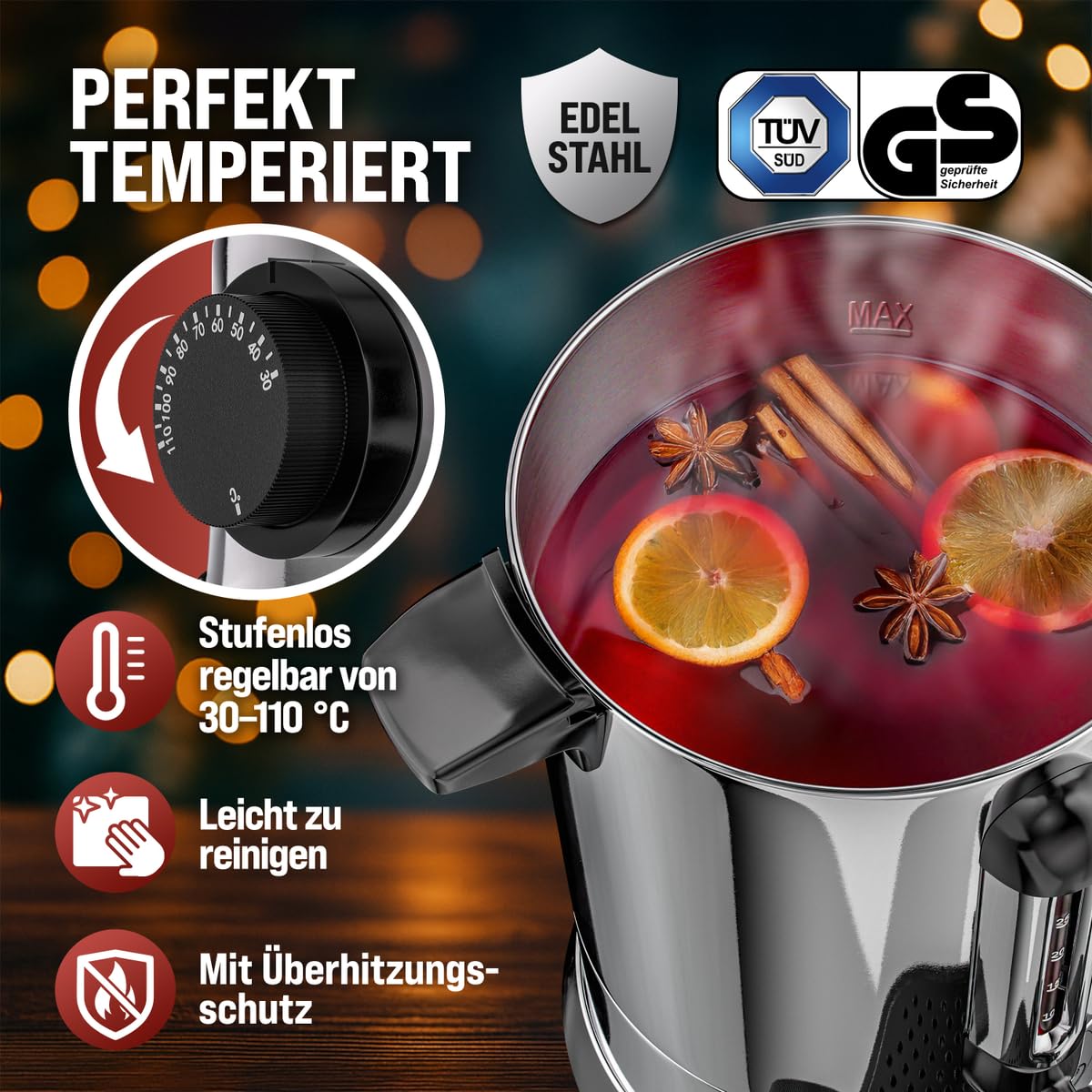 MONZANA Glühweinkocher 6,8L mit Zapfhahn Tropfschale Thermostat 30-110°C Heißgetränkespender Edelstahl Einkocher Punschkocher Heißgetränkeautomat