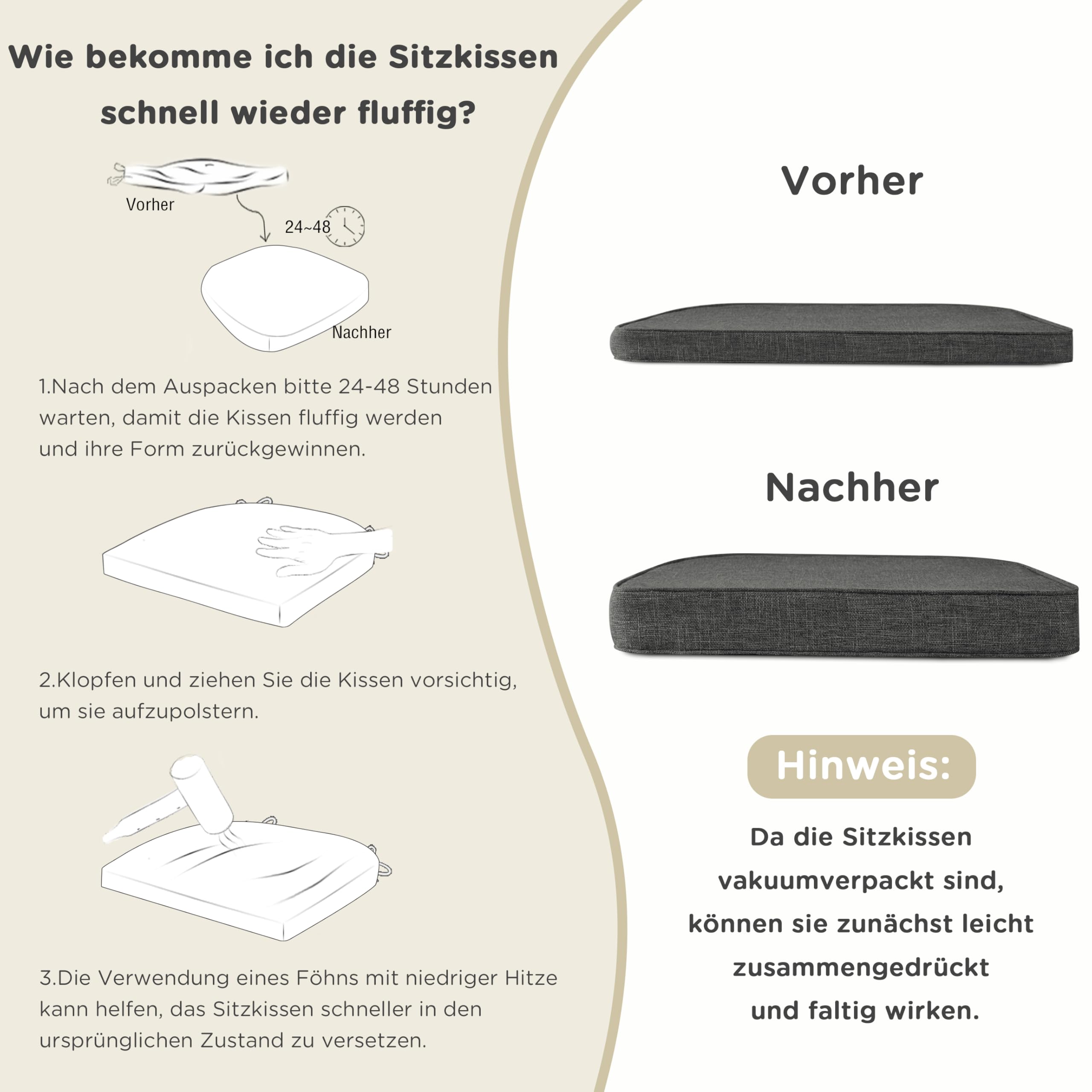 AddGrace rutschfeste Esszimmerstuhl-Kissen 4er-Pack 42.5x40.5cm Dunkelgrau | Schaumstoffstütze, mit Bändern, waschbarer Bezug, D-förmiges Kissen passt für die meisten Küchen-Esszimmerstühle, bequem