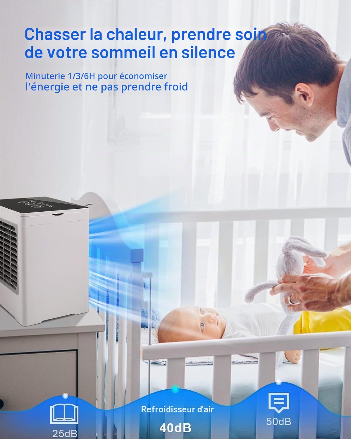 Climatiseur Mobile Portable, Ventilateur Sans Évacuation – Rafraîchisseur d'Air USB 6W, 3 Vitesses, Minuterie, Faible Consommation, pour Bureau, Chambre, Camping, Tente