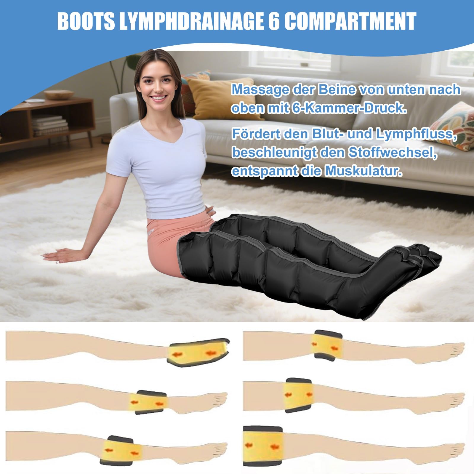 Lymphdrainage Gerät für Beine und Bauch, 6 Kammern Professionelles Beinmassagegerät für Lymphdrainage Lipödem, 30-240mmHg Einstellbarer Druck (Schwarz Beine, L)