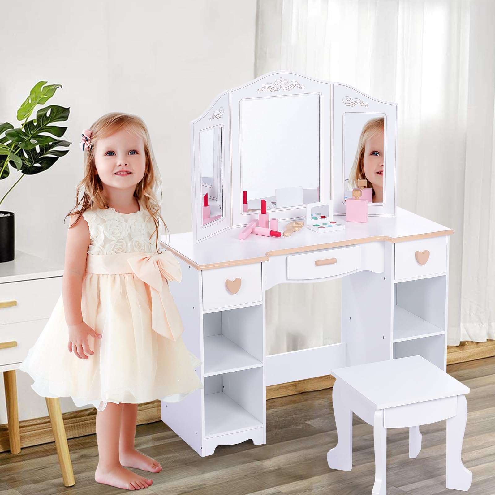 Kinder Schminktisch Mit Hocker Und Tri-Fold Spiegel – Frisiertisch Aus Holz Mit 3 Schubladen & Aufbewahrungsfächern – Sicheres, Ungiftiges Design – Inkl. Schminkset – Perfekt Für Kinderzimmer